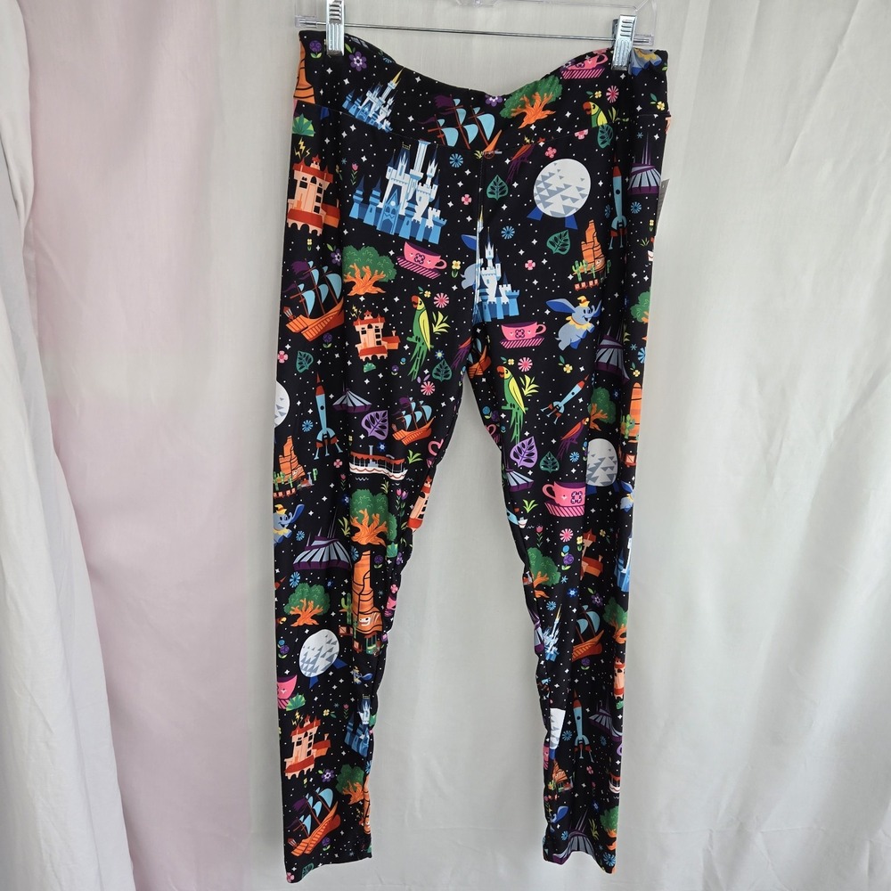 Disney Parks Womens Black Leggings Classic Attraction Icons Size L New